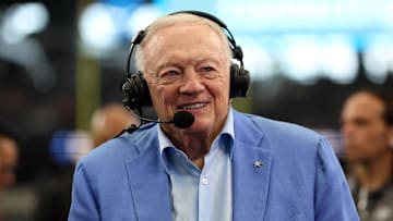 Aug 24, 2024; Arlington, Texas, USA; Dallas Cowboys owner Jerry Jones talks to the media before the game against the Los Angeles Chargers at AT&T Stadium. Mandatory Credit: Tim Heitman-Imagn Images