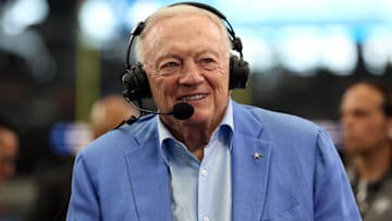 Aug 24, 2024; Arlington, Texas, USA; Dallas Cowboys owner Jerry Jones talks to the media before the game against the Los Angeles Chargers at AT&T Stadium. Mandatory Credit: Tim Heitman-Imagn Images