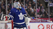 Mar 13, 2023; Toronto, Ontario, CAN; Toronto Maple Leafs goaltender Matt Murray (30) looks up at a replay of a goal by Buffalo Sabres forward Jack Quinn (not pictured) during the second period at Scotiabank Arena. Mandatory Credit: John E. Sokolowski-Imagn Images