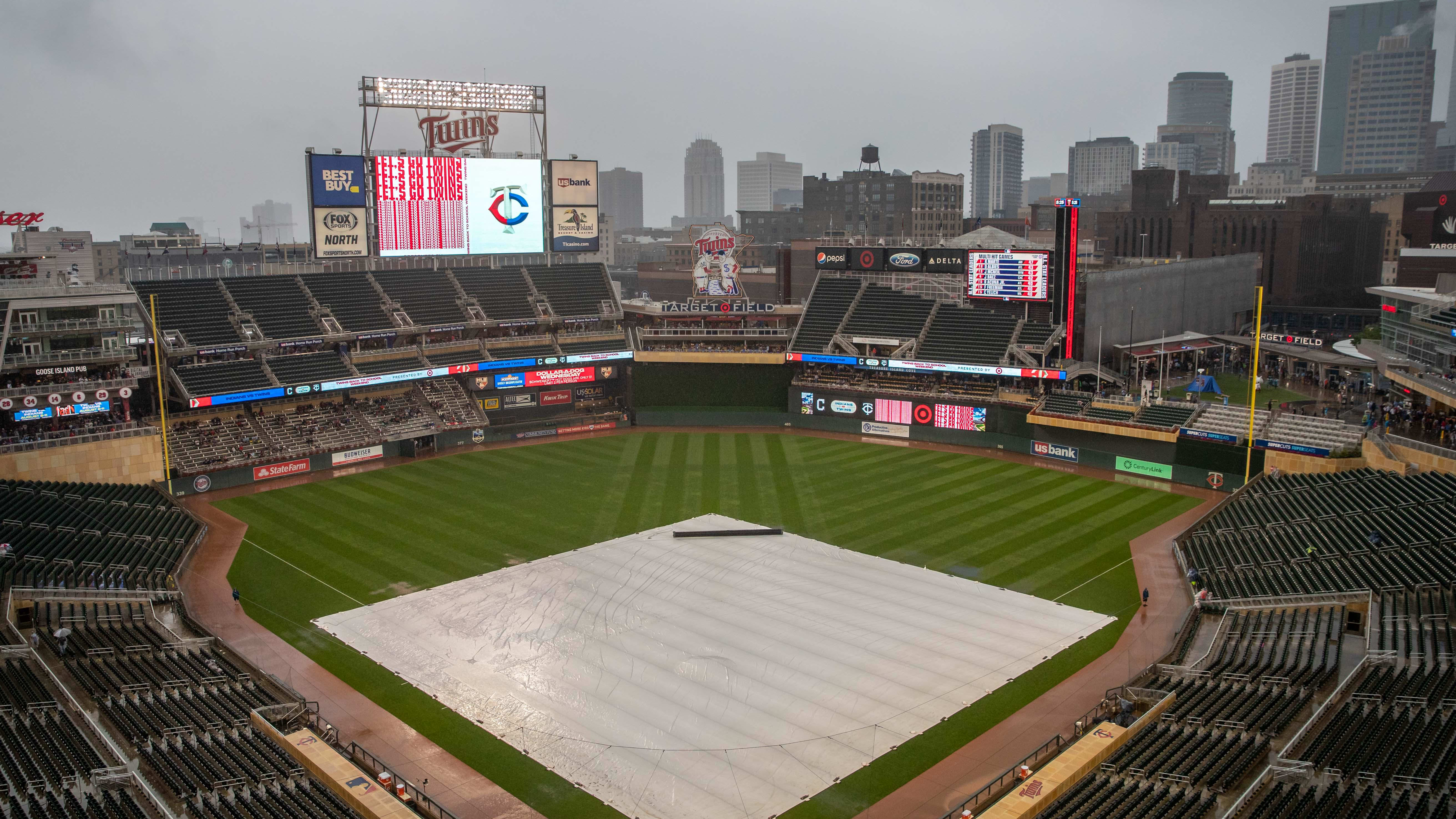 Aug 10, 2019; Minneapolis, MN, USA; A general view of a tarp over Target Field as rain falls.