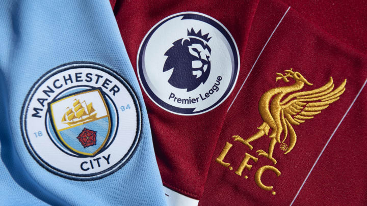 The Premier League Logo with the Club Badges of Manchester City and Liverpool