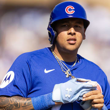 Feb 20, 2025; Phoenix, Arizona, USA; Chicago Cubs designated hitter Moises Ballesteros against the Los Angeles Dodgers during a spring training game at Camelback Ranch-Glendale
