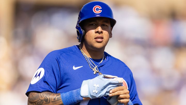 Feb 20, 2025; Phoenix, Arizona, USA; Chicago Cubs designated hitter Moises Ballesteros against the Los Angeles Dodgers during a spring training game at Camelback Ranch-Glendale Feb 20, 2025; Phoenix, Arizona, USA; Chicago Cubs designated hitter Moises Ballesteros against the Los Angeles Dodgers during a spring training game at Camelback Ranch-Glendale