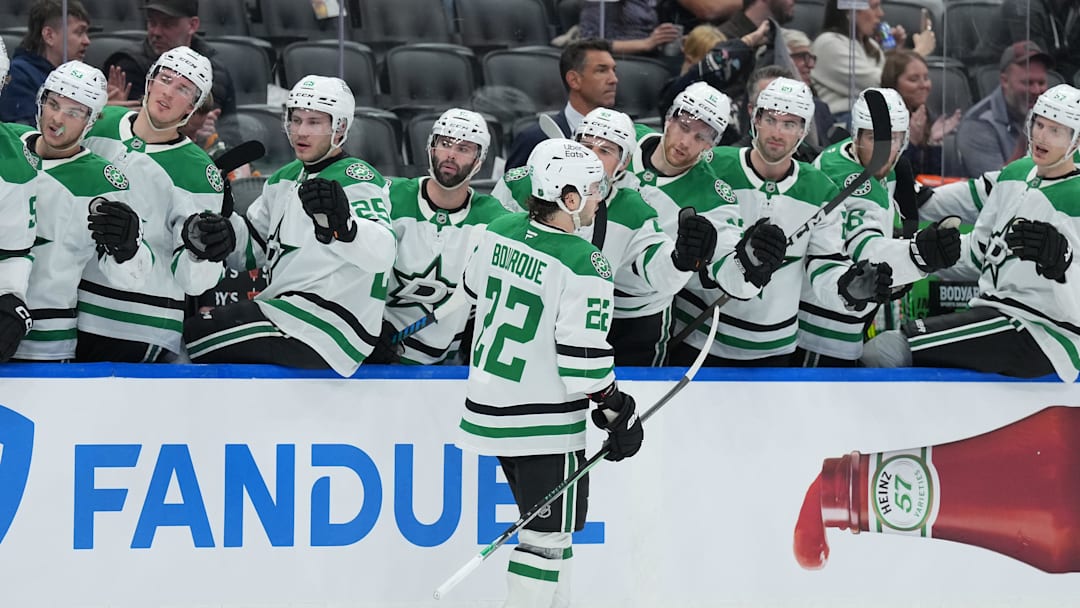 Apr 13, 2026; Toronto, Ontario, CAN; Dallas Stars center Mavrik Bourque (22) celebrates at the bench after scoring a goal against the Toronto Maple Leafs during the second period at Scotiabank Arena. Mandatory Credit: Nick Turchiaro-Imagn Images