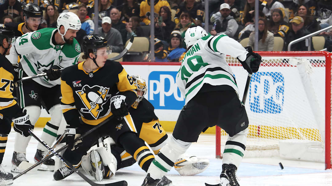 Mar 28, 2026; Pittsburgh, Pennsylvania, USA; Dallas Stars center Justin Hryckowian (49) scores a goal against the Pittsburgh Penguins during the second period at PPG Paints Arena. Mandatory Credit: Charles LeClaire-Imagn Images Mar 28, 2026; Pittsburgh, Pennsylvania, USA; Dallas Stars center Justin Hryckowian (49) scores a goal against the Pittsburgh Penguins during the second period at PPG Paints Arena. Mandatory Credit: Charles LeClaire-Imagn Images