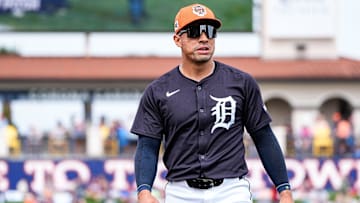 Detroit Tigers infielder Jahmai Jones warms up before a Grapefruit League game against Philadelphia Phillies at Joker Marchant Stadium in Lakeland, Fla. on Saturday, Feb. 22, 2025.