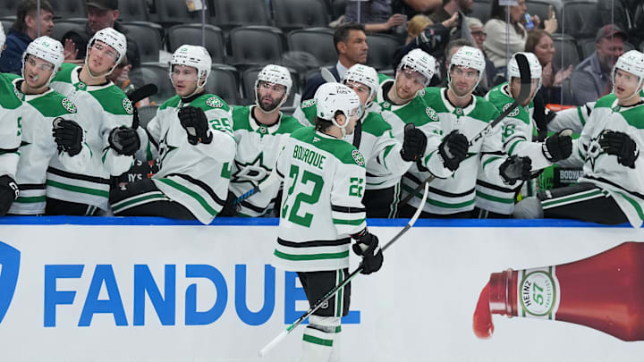 Apr 13, 2026; Toronto, Ontario, CAN; Dallas Stars center Mavrik Bourque (22) celebrates at the bench after scoring a goal against the Toronto Maple Leafs during the second period at Scotiabank Arena. Mandatory Credit: Nick Turchiaro-Imagn Images