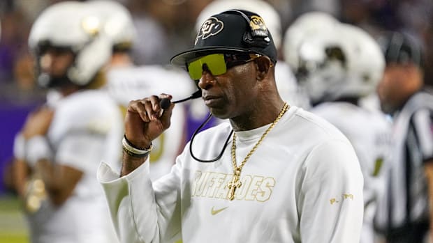Colorado Buffaloes head coach Deion Sanders on the sidelines during the first half against TCU 