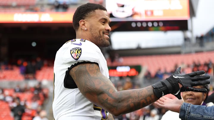 Nov 16, 2025; Cleveland, Ohio, USA; Baltimore Ravens linebacker Dre'Mont Jones (41) greets fans prior to a game against the Cleveland Browns at Huntington Bank Field. Mandatory Credit: Scott Galvin-Imagn Images