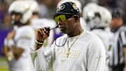 Oct 4, 2025; Fort Worth, Texas, USA; Colorado Buffaloes head coach Deion Sanders on the sidelines during the first half against the TCU Horned Frogs at Amon G. Carter Stadium. Mandatory Credit: Raymond Carlin III-Imagn Images