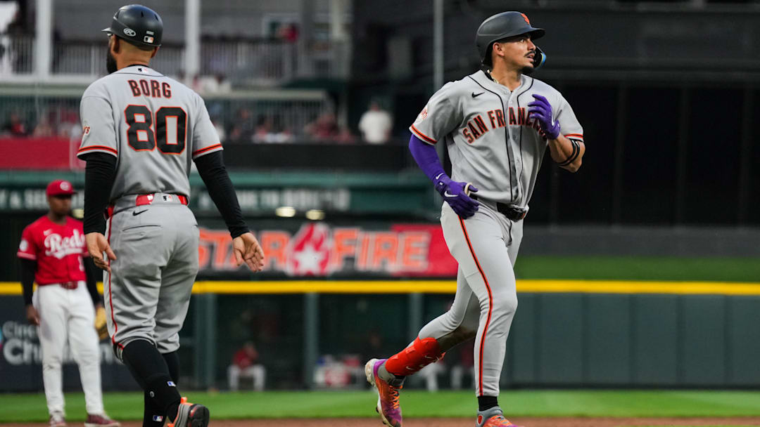 Apr 14, 2026; Cincinnati, Ohio, USA;  San Francisco Giants shortstop Willy Adames (2) runs the bases after hitting a solo home run against the Cincinnati Reds in the fifth inning at Great American Ball Park. Mandatory Credit: Aaron Doster-Imagn Images