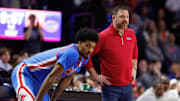 Mar 8, 2025; Gainesville, Florida, USA; Mississippi Rebels forward Jaemyn Brakefield (4) and Mississippi Rebels head coach Chris Beard looks on against the Florida Gators during the first half at Exactech Arena at the Stephen C. O'Connell Center. Mandatory Credit: Matt Pendleton-Imagn Images