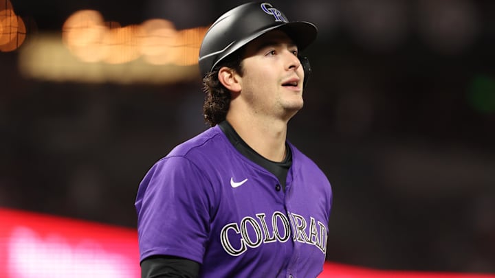 May 2, 2025; San Francisco, California, USA; Colorado Rockies first baseman Michael Toglia (4) reacts after striking out against the San Francisco Giants during the fifth inning at Oracle Park