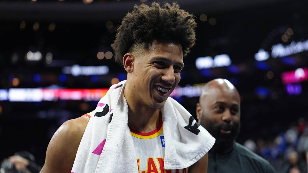 Atlanta Hawks forward Jalen Johnson (1) reacts after the game against the Philadelphia 76ers at Xfinity Mobile Arena on November 30, 2025.