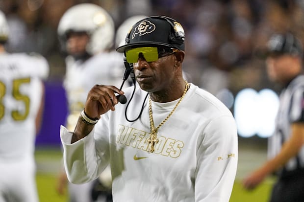 Colorado Buffaloes head coach Deion Sanders on the sidelines during the first half against the TCU Horned Frogs at Amon G. Ca