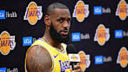 Oct 2, 2023; El Segundo, CA, USA; Los Angeles Lakers forward LeBron James (23) speaks during media day at UCLA Health Training Center. Mandatory Credit: Gary A. Vasquez-Imagn Images