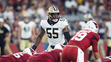 Aug 10, 2024; Glendale, Arizona, USA; New Orleans Saints  defensive end Isaiah Foskey (55) against the Arizona Cardinals during a preseason NFL game at State Farm Stadium. Mandatory Credit: Mark J. Rebilas-Imagn Images