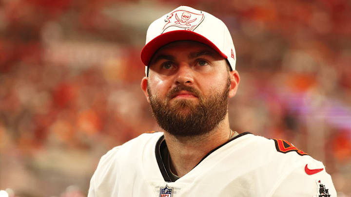 Aug 23, 2024; Tampa, Florida, USA;  Tampa Bay Buccaneers kicker Chase McLaughlin (4) during the first quarter at Raymond James Stadium. Mandatory Credit: Kim Klement Neitzel-Imagn Images