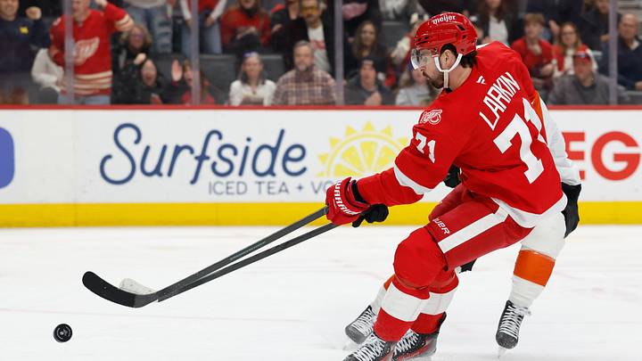 Mar 28, 2026; Detroit, Michigan, USA;  Detroit Red Wings center Dylan Larkin (71) skates with the puck in the second period against the Philadelphia Flyers at Little Caesars Arena. 