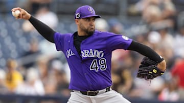 Mar 5, 2025; Peoria, Arizona, USA; Colorado Rockies pitcher Antonio Senzatela against the San Diego Padres during a spring training game at Peoria Sports Complex. Mandatory Credit: Mark J. Rebilas-Imagn Images