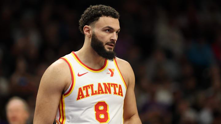 Jan 9, 2025; Phoenix, Arizona, USA; Atlanta Hawks forward David Roddy (8) against the Phoenix Suns at Footprint Center. Mandatory Credit: Mark J. Rebilas-Imagn Images