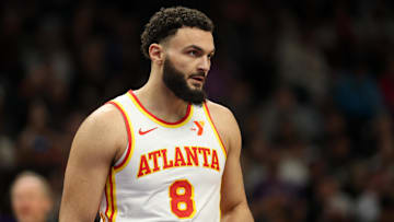 Jan 9, 2025; Phoenix, Arizona, USA; Atlanta Hawks forward David Roddy (8) against the Phoenix Suns at Footprint Center.