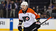 Apr 11, 2024; New York, New York, USA; Philadelphia Flyers center Travis Konecny (11) celebrates his goal against the New York Rangers during the second period at Madison Square Garden. Mandatory Credit: Danny Wild-USA TODAY Sports