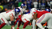 Dec 1, 2025; Foxborough, Massachusetts, USA; New York Giants quarterback Jaxson Dart (6) waits for the snap at the line of scrimmage in the third quarter against the New England Patriots at Gillette Stadium.  