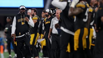 Aug 21, 2025; Charlotte, North Carolina, USA;  Pittsburgh Steelers head coach Mike Tomlin during the 3rd quarter against the Carolina Panthers at Bank of America Stadium. Mandatory Credit: Allison Lawhon-Imagn Images