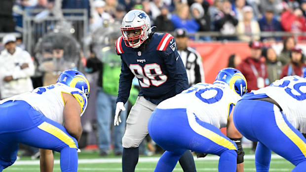 Patriots defensive tackle Jeremiah Pharms Jr. (98) lines up against the Los Angeles Rams. Patriots defensive tackle Jeremiah Pharms Jr. (98) lines up against the Los Angeles Rams.