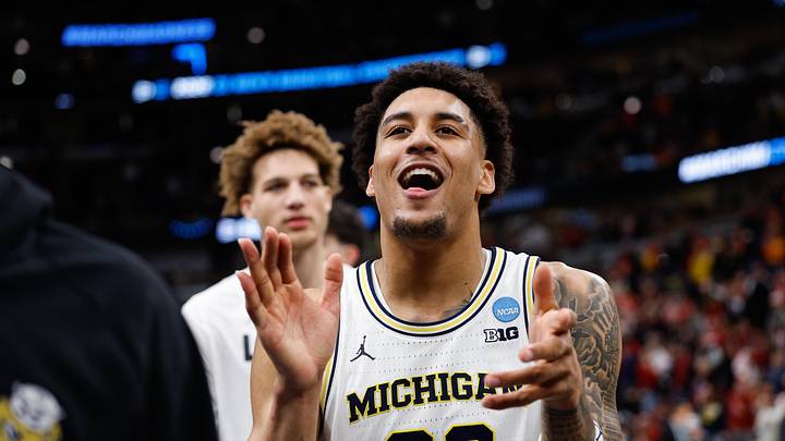 Mar 27, 2026; Chicago, IL, USA; Michigan Wolverines forward Yaxel Lendeborg (23) reacts after defeating the Alabama Crimson Tide in a Sweet Sixteen game of the Midwest Regional of the men's 2026 NCAA Tournament at United Center. Mandatory Credit: Kamil Krzaczynski-Imagn Images