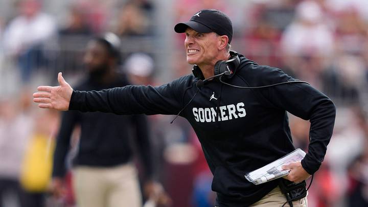 Oklahoma coach Brent Venables shouts at an official during a college football game between the University of Oklahoma Sooners (OU) and the Ole Miss Rebels at Gaylord Family Ð Oklahoma Memorial Stadium in Norman, Okla., Saturday, Oct. 25, 2025. Ole Miss won 34-26.