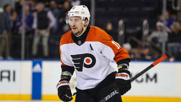 Apr 11, 2024; New York, New York, USA; Philadelphia Flyers center Travis Konecny (11) celebrates his goal against the New York Rangers during the second period at Madison Square Garden. Mandatory Credit: Danny Wild-USA TODAY Sports