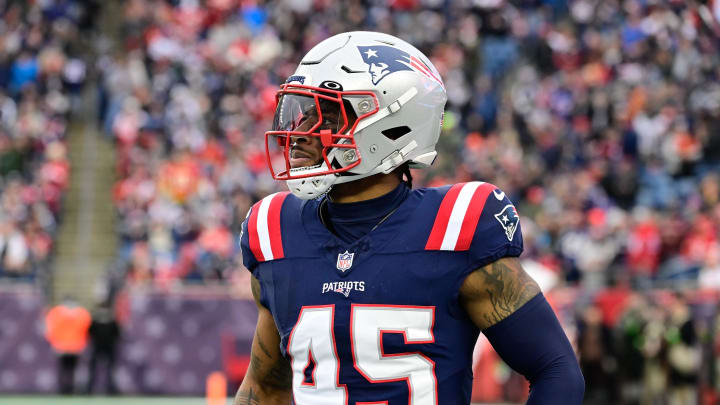 Dec 17, 2023; Foxborough, Massachusetts, USA; New England Patriots linebacker Chris Board (45) returns to the bench during the first half against the Kansas City Chiefs at Gillette Stadium. Mandatory Credit: Eric Canha-USA TODAY Sports