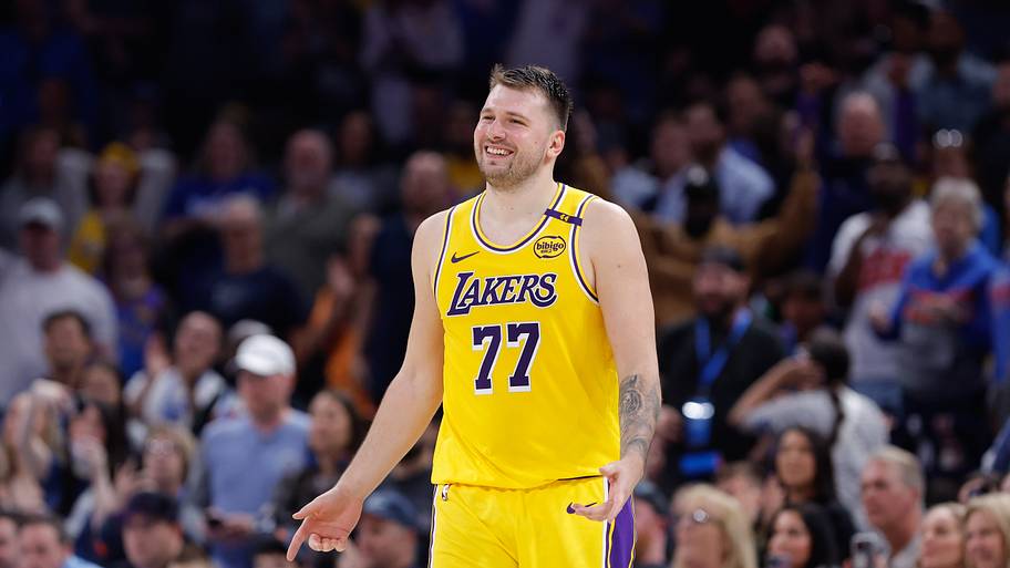 Los Angeles Lakers guard Luka Dončić reacts after being ejected from a game against the Oklahoma City Thunder.