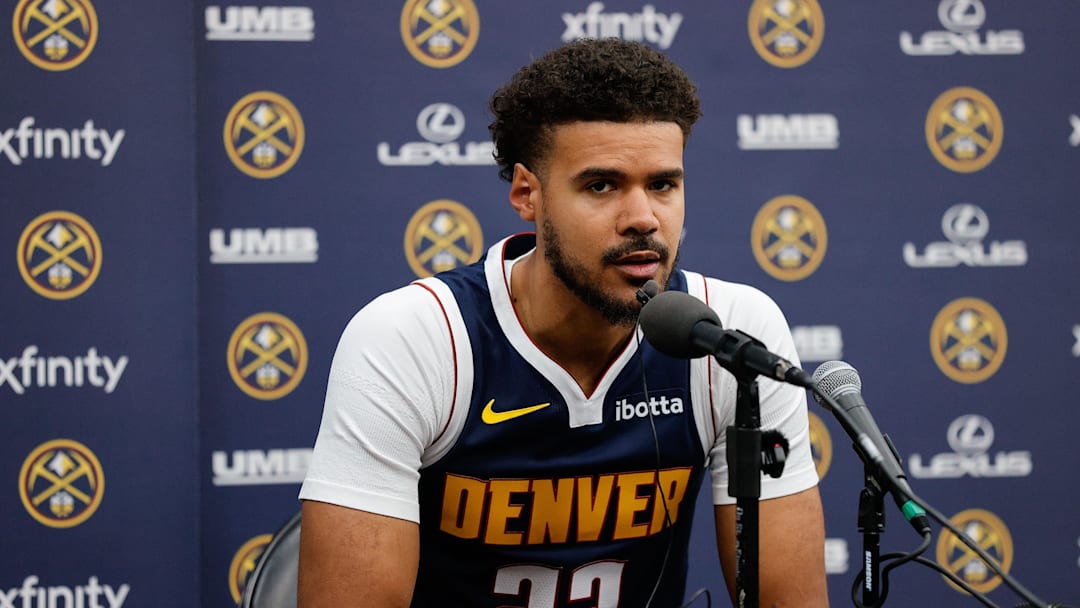 Sep 29, 2025; Denver, CO, USA; Denver Nuggets player Cam Johnson (23) address the media during media day at Ball Arena. Mandatory Credit: Isaiah J. Downing-Imagn Images