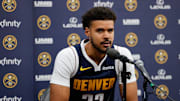 Sep 29, 2025; Denver, CO, USA; Denver Nuggets player Cam Johnson (23) address the media during media day at Ball Arena. Mandatory Credit: Isaiah J. Downing-Imagn Images