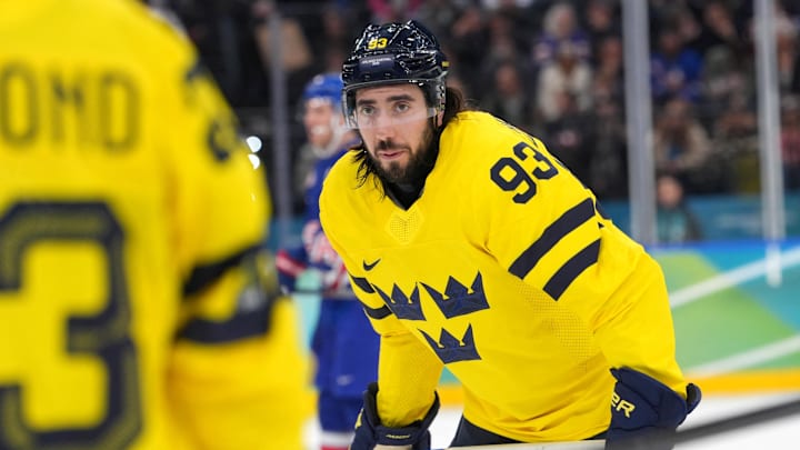 Feb 18, 2026; Milan, Italy; Mika Zibanejad of Sweden  in action against the United States in a men's ice hockey quarterfinal during the Milano Cortina 2026 Olympic Winter Games at Milano Santagiulia Ice Hockey Arena. Mandatory Credit: Amber Searls-Imagn Images
