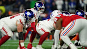 Dec 1, 2025; Foxborough, Massachusetts, USA; New York Giants quarterback Jaxson Dart (6) waits for the snap at the line of scrimmage in the third quarter against the New England Patriots at Gillette Stadium. Mandatory Credit: David Butler II-Imagn Images