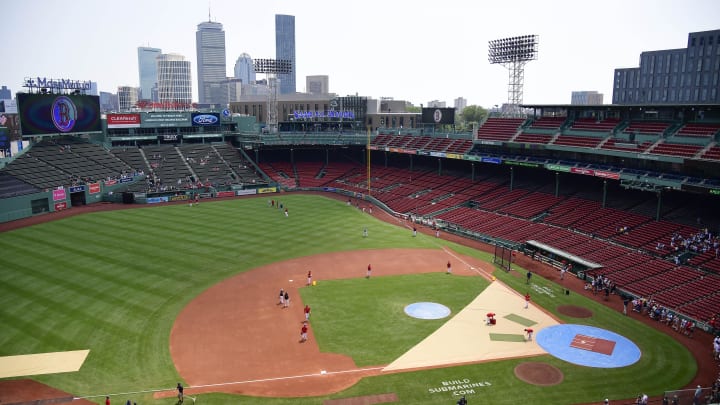 Jul 14, 2024; Boston, Massachusetts, USA;  The Boston Red Sox warmup prior to their game against the Kansas City Royals at Fenway Park. Mandatory Credit: Bob DeChiara-USA TODAY Sports