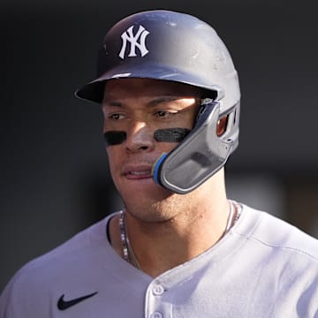 Jul 3, 2025; Toronto, Ontario, CAN; New York Yankees designated hitter Aaron Judge (99) in the dugout before a game against the Toronto Blue Jays at Rogers Centre. Mandatory Credit: John E. Sokolowski-Imagn Images