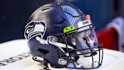 Jan 9, 2022; Glendale, Arizona, USA; Detailed view of a Seattle Seahawks helmet at State Farm Stadium.  