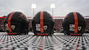Sep 23, 2023; Pullman, Washington, USA; Oregon State Beavers helmets sit during a game against the Washington State Cougars in the first half at Gesa Field at Martin Stadium. Mandatory Credit: James Snook-Imagn Images