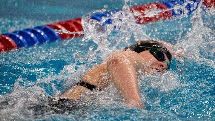 Ames' Lily Van Der Linden swims the 200-yard freestyle race during the Iowa high school girls state swim meet at Marshalltown YMCA on Saturday, Nov. 16, 2024, in Marshalltown.