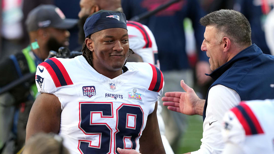 Feb 8, 2026; Santa Clara, CA, USA; New England Patriots guard Jared Wilson (58) and head coach Mike Vrabel (right) talk before Super Bowl LX against the Seattle Seahawks at Levi's Stadium. Mandatory Credit: Darren Yamashita-Imagn Images