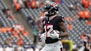 Nov 2, 2025; Houston, Texas, USA; Houston Texans wide receiver Nico Collins (12) warms up before a game against the Denver Broncos at NRG Stadium. Mandatory Credit: Thomas Shea-Imagn Images