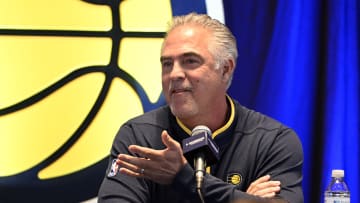 Jan 30, 2023; Indianapolis, IN, USA;  Indiana Pacers president of basketball operations Kevin Pritchard speaks during an Indiana Pacers press conference to announce the contract extension of center Miles Turner at Gainsbridge Fieldhouse.  Mandatory Credit: Marc Lebryk-USA TODAY Sports