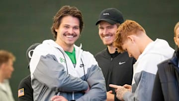 Oregon tight end Patrick Herbert, left, and his brother Los Angeles Chargers quarterback and former Oregon quarterback Justin Herbert during the Oregon football’s Pro Day Tuesday, March 18, 2025, at the Moshofsky Center in Eugene, Ore.