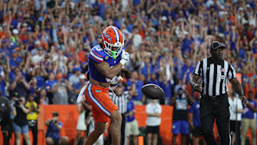 Sep 6, 2025; Gainesville, Florida, USA; Florida Gators wide receiver Eugene Wilson III (3) scores a touchdown against the South Florida Bulls during the second half at Ben Hill Griffin Stadium. Mandatory Credit: Kim Klement Neitzel-Imagn Images