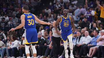 Apr 16, 2024; Sacramento, California, USA; Golden State Warriors forward Draymond Green (23) reacts after making a three point basket against the Sacramento Kings in the first quarter during a play-in game of the 2024 NBA playoffs at the Golden 1 Center. Mandatory Credit: Cary Edmondson-USA TODAY Sports
